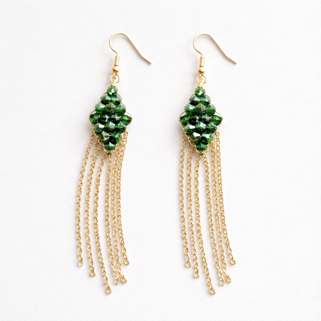 Boucles d’oreilles losange en perles verts faites main