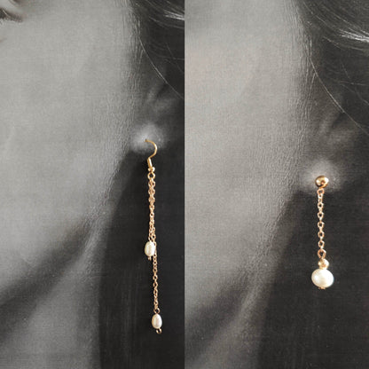 Duo de boucles d'oreilles en perles, comprenant un modèle court avec perle unique et un modèle long à double chaîne, adapté à différents styles.
