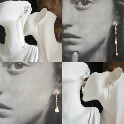 Boucles d’oreilles longues en perles et chaîne dorée, style minimaliste avec une touche de luxe discret.