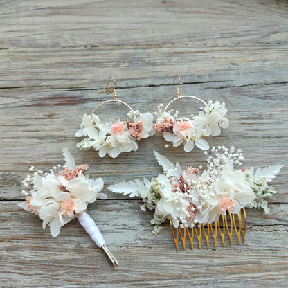 bijoux de mariage en fleurs sechees roses et blanches