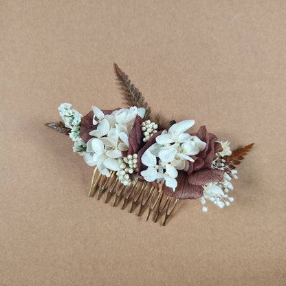 Accessoire de cheveux floral fait main, mélange de fleurs stabilisées dans des nuances automnales.