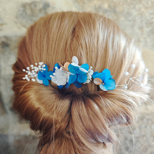 Lot de 3 épingles à cheveux en fleurs séchées bleues, blanches et dorées de la collection Léonie