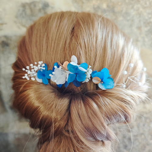 Lot de 3 épingles à cheveux en fleurs séchées bleues, blanches et dorées de la collection Léonie