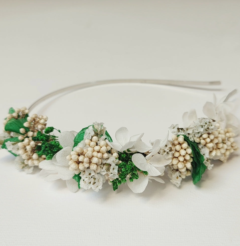 Serre-tête floral Quatre Saisons, Été, avec fleurs stabilisées rouge et blanc.