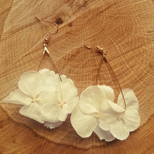 Boucles d'oreilles fleurs stabilisées, hortensia naturel, couleur crème