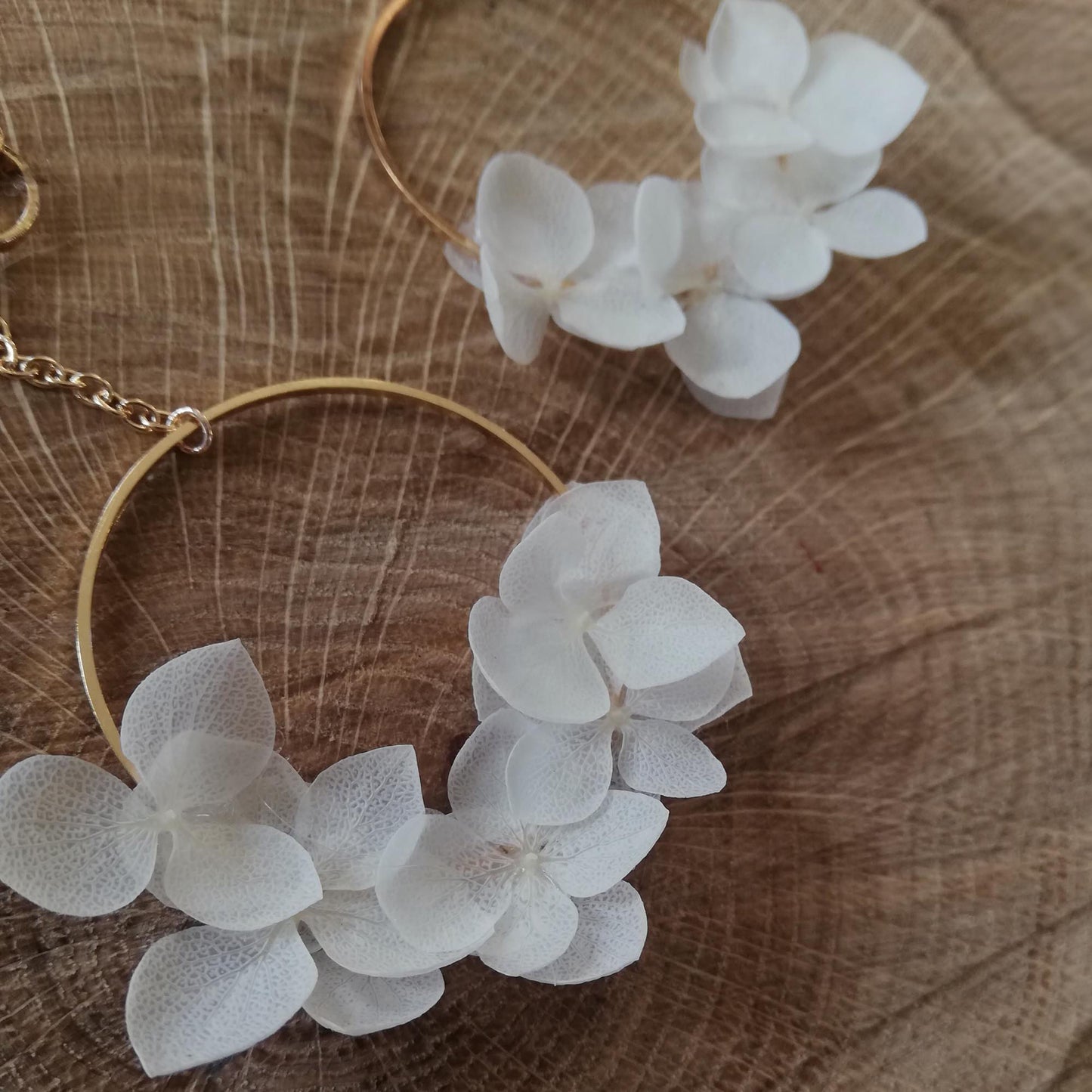 Boucles d’oreilles en fleurs stabilisées clips à vis, hortensia blanc naturel