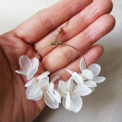 Boucle d'oreilles fleurs stabilisées d'hortensia crème