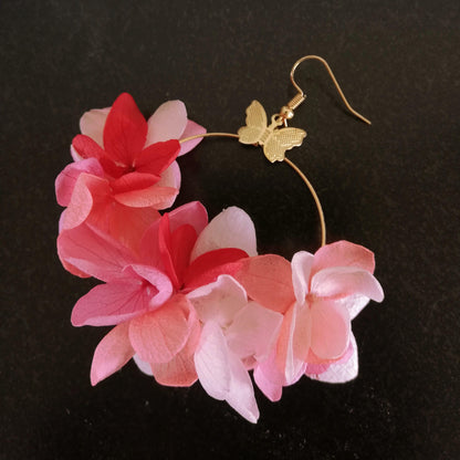 Boucle d'oreilles Rouge et rose fleurs stabilisées
