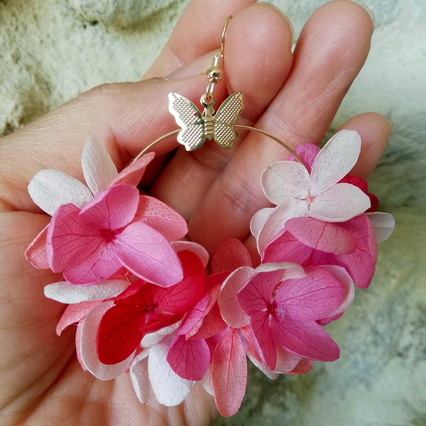 Boucle d'oreilles Rouge et rose fleurs stabilisées
