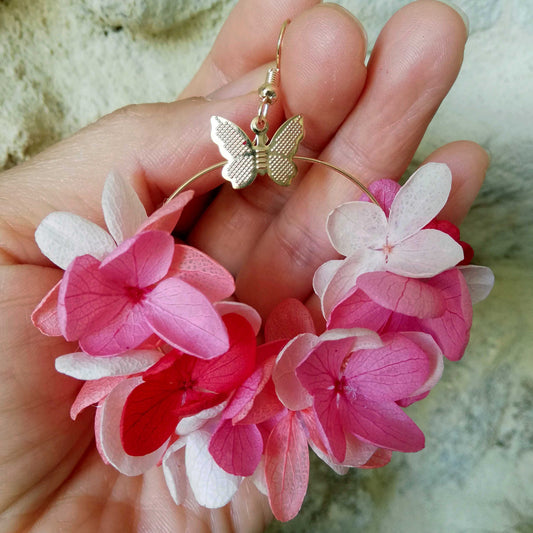 Boucle d'oreilles Rouge et rose fleurs stabilisées