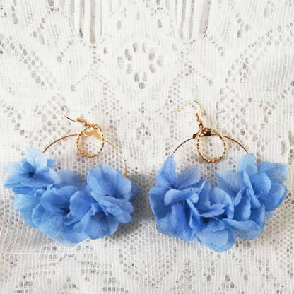 Boucle d'oreilles bleu fleurs stabilisées Hortensia