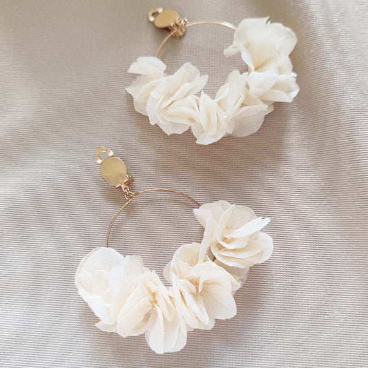 Boucles d'oreilles à clips fleurs stabilisées blanches