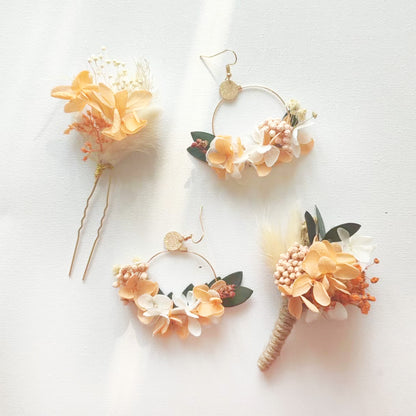 bijoux de mariage avec fleurs stabilisées et séchée